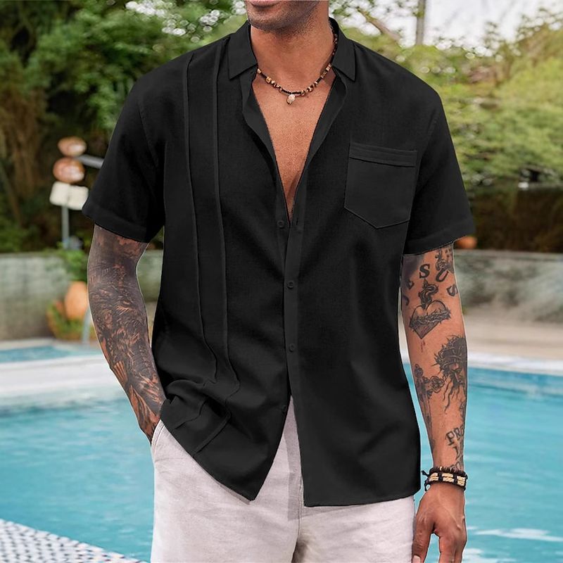 Camicia estiva lunga da uomo, per adolescenti, in cotone e lino, a maniche corte, con risvolto, tinta unita_voghion.com