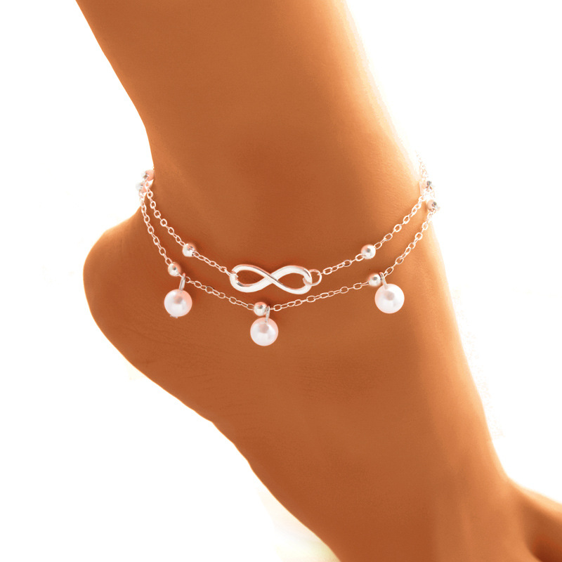 Moda duplo infinito simulado pérola pingente tornozeleira pé corrente verão pulseira charme 2 cores tornozeleiras pé jóias_voghion.com