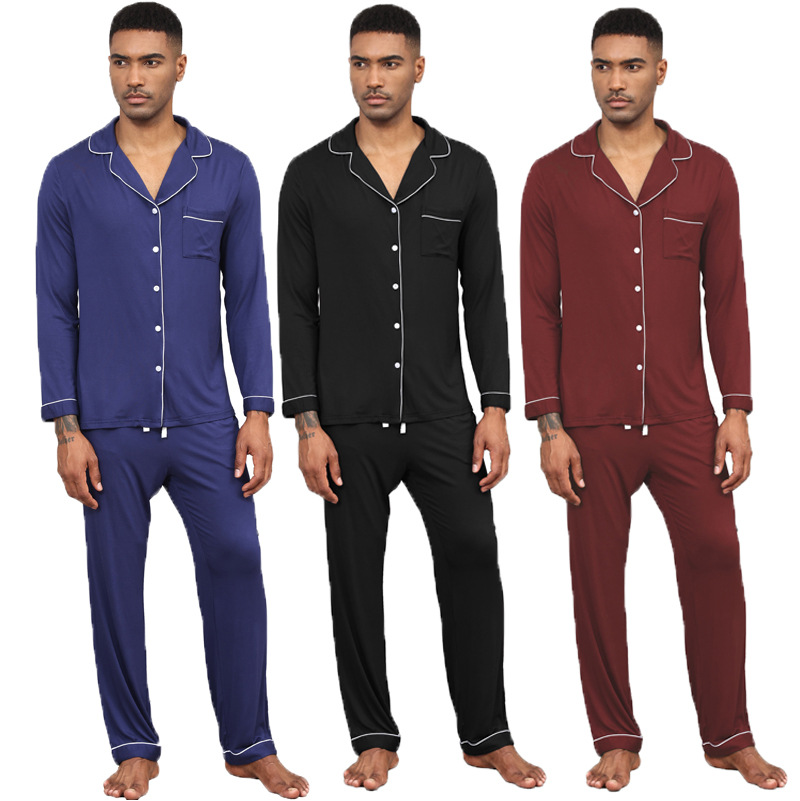 Herrenbekleidung Herren-Pyjama-Set Modal Langarm Revers Einfarbig Strickjacke Offene Herren-Hauskleidung_voghion.com