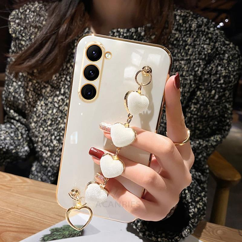 Love Heart Bracelet Case For Samsung Galaxy S23 S21 S22 S20 Fe S10 S9 S8 Note 10 Plus 20 Ultra 8 9 Chain Plating Silicone Cover_voghion.com
