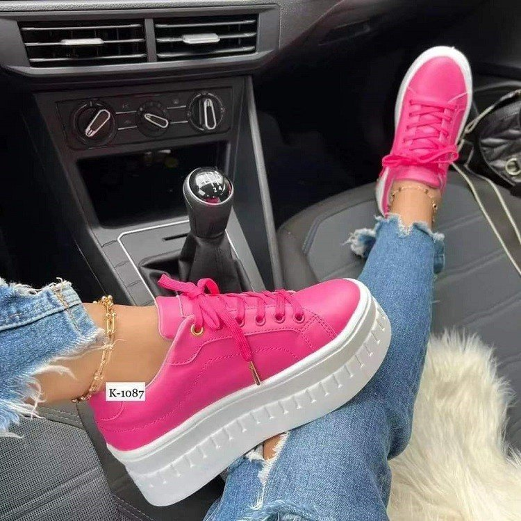 Pantofi sport cu talpă groasă, mărime mare, cu dantelă, culoare solidă, stil sport, pantofi cu talpă platformă pentru femei, culoare solidă, comerț exterior european și american_voghion.com