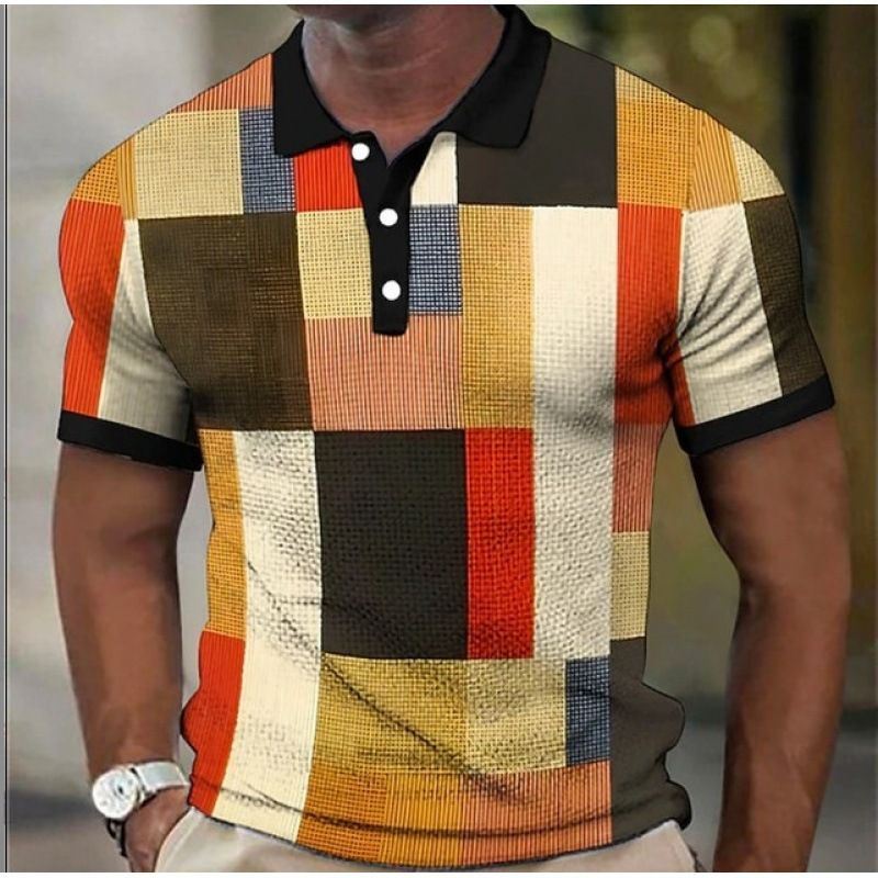 Men's Button-down Polo Shirt Plaid Pattern Turn-down Collar Trendy 3D Digital Print Short Sleeve Loose Casual Simple_voghion.com