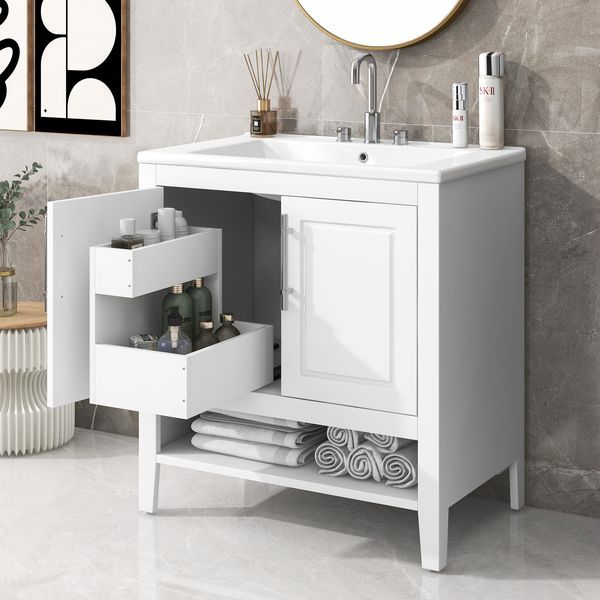 30' Bathroom Vanity With Sink, Multi-functional Bathroom Cabinet With Doors And Drawers, Solid Frame And MDF Board, White_voghion.com