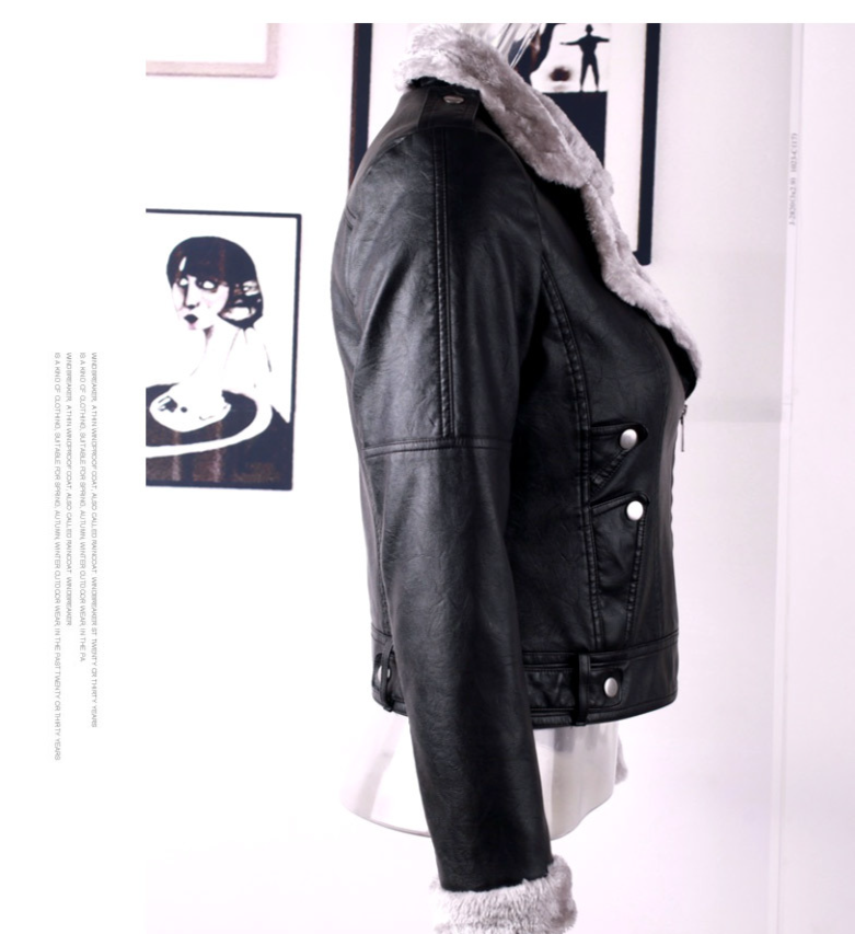 Damen-PU-Lederjacke, Winter, kurze Motorradjacke, großes Revers, lange Ärmel, samtgepolsterte Lederjacke, beliebte Damen-Lederjacke_voghion.com