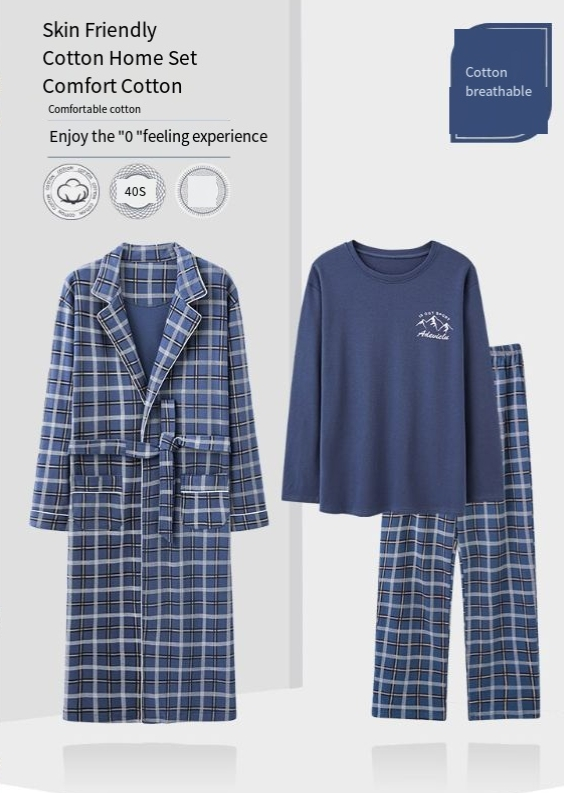 men's three-piece spring and autumn pure cotton long sleeved loose large size bathrobe long pajamas home clothes three piece suit wholesale_voghion.com