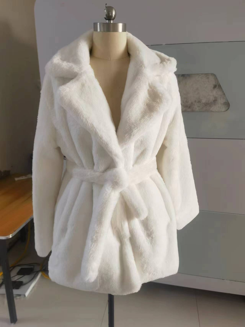 Damenbekleidung Kaninchenfell Revers Pelzmantel dicker warmer Gürtelmantel für Frauen_voghion.com