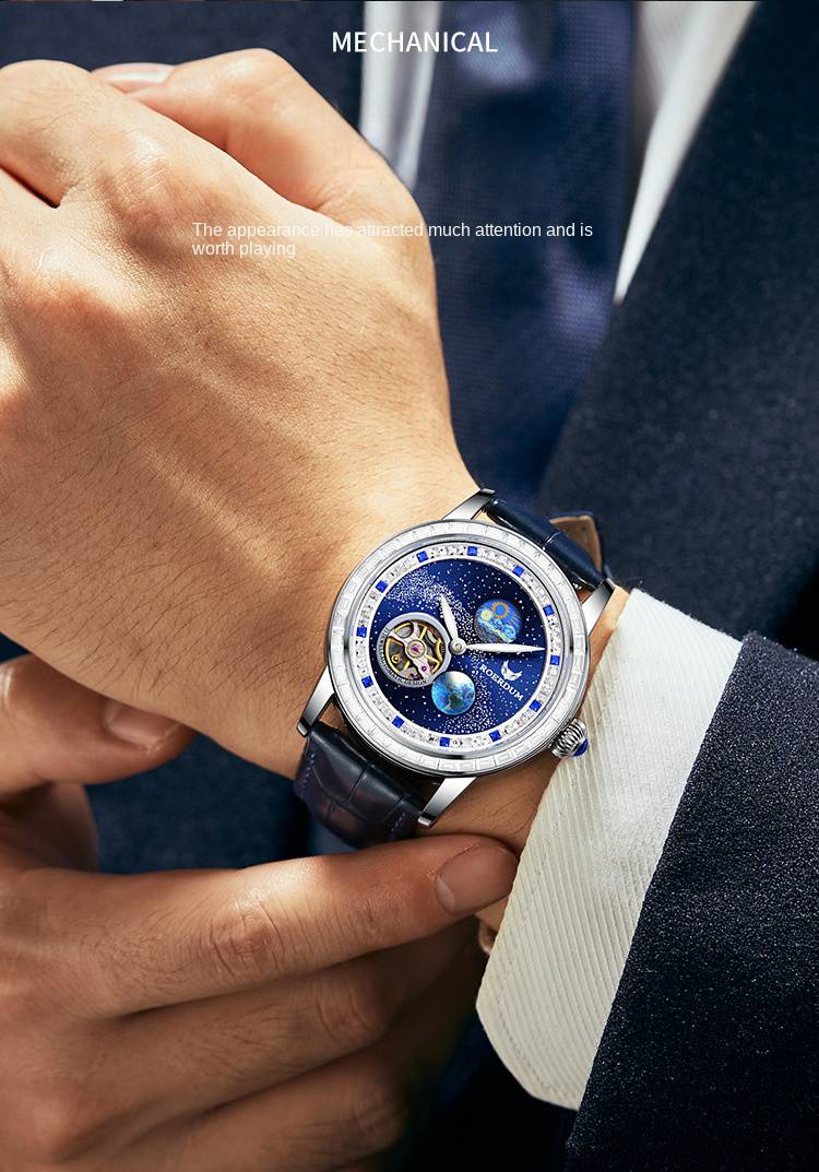ROERDUM Wandering Planet - Leather Strap, Blue Dial, Trendy Men's Mechanical Watch_voghion.com
