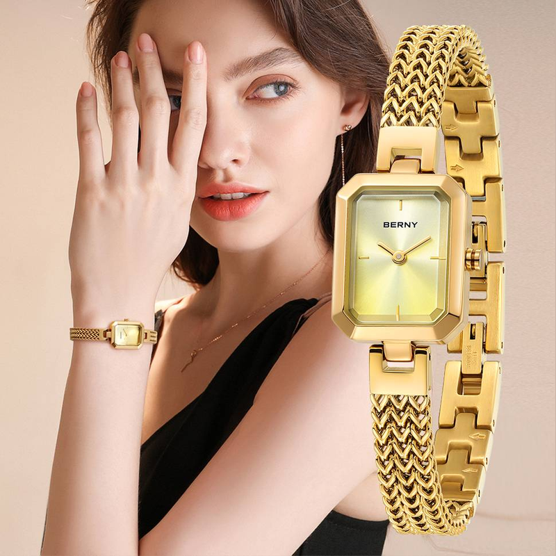 BERNY Small Gold Watches For Women Dainty Luxury Ladies Analog Quartz Bracelet Watch Rectangular Case Stainless Steel Waterproof Minimalist Wristwatch_voghion.com