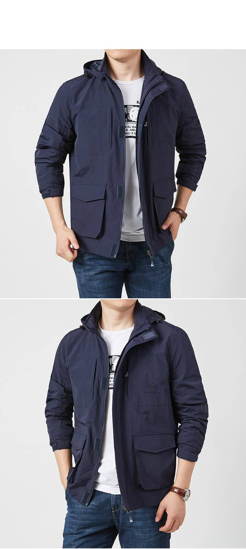 Leichte Herrenjacke mit Kapuze, abnehmbarer Kapuze und mehreren Taschen – lässiger Windbreaker für Frühling und Herbst (Schwarz, Marineblau, Grau, Khaki)_voghion.com
