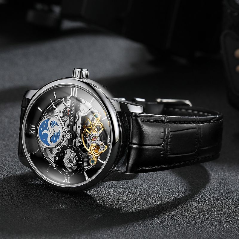 Forsining Classic Men Skeleton Watch Automatic Tourbillon Watches Mens Top Brand Luxury Leather Band Moon Phase Mechanical Clock_voghion.com
