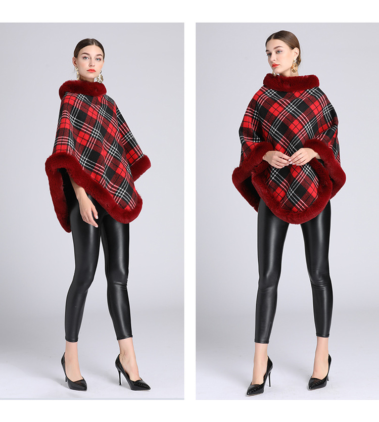 Neues Plaid plus Samt dicker Nachahmung Kaninchenfellkragen Umhang Schal Strickpullover Wollmantel_voghion.com