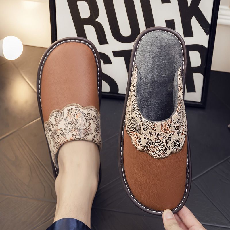 MTX Echtleder mit Rindssehnensohle für den Heimgebrauch, Damen-Hausschuhe für drinnen, warm, rutschfest, wasserdicht, aus besticktem Rindsleder und Baumwolle_voghion.com