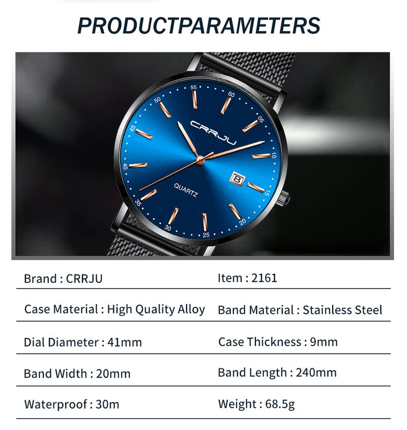 Orologio da uomo CRRJU, orologio da uomo sportivo con cinturino in maglia, orologio da polso al quarzo, elegante e sottile, di alta qualità, di lusso, blu, impermeabile_voghion.com