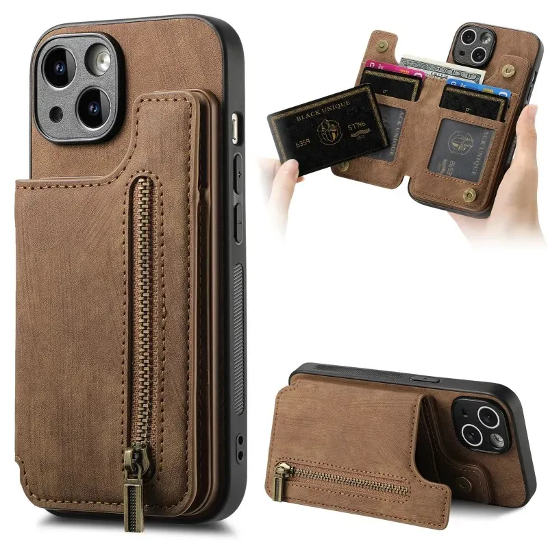 Magnetischer Kartenhalter Solt Zipper Wallet Ledertasche für iPhone 16 15 14 Pro 13 12Mini 11 Pro Max Plus 7 8 X XS Stoßfeste Abdeckung_voghion.com
