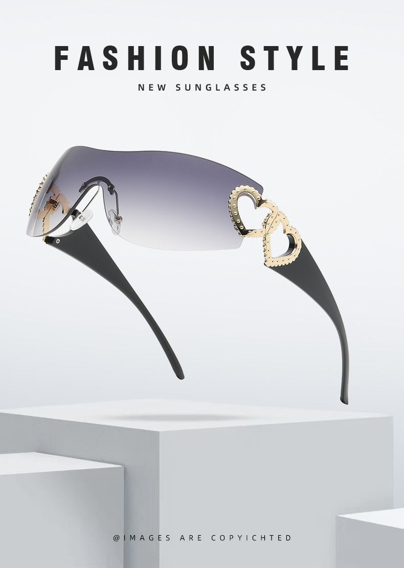 Unisex Fashion Love embellished sunglasses One-piece rimless windscreen Y2K Hottie Street Shot Eyewear trend_voghion.com