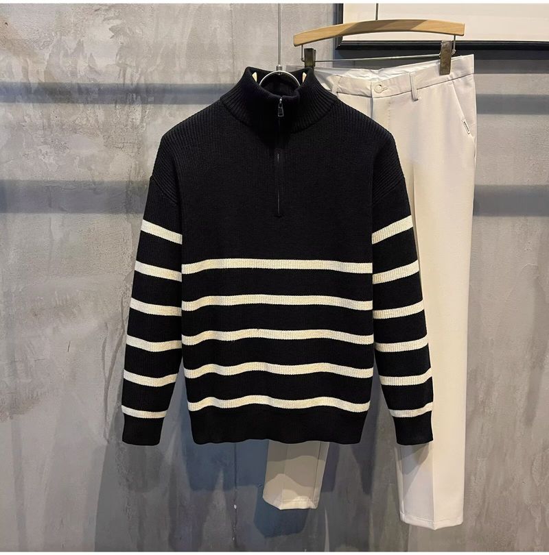 Pull en tricot demi-zip pour homme – Pull décontracté rayé style Hong Kong pour l'automne et l'hiver (noir, tailles M à 3XL)_voghion.com