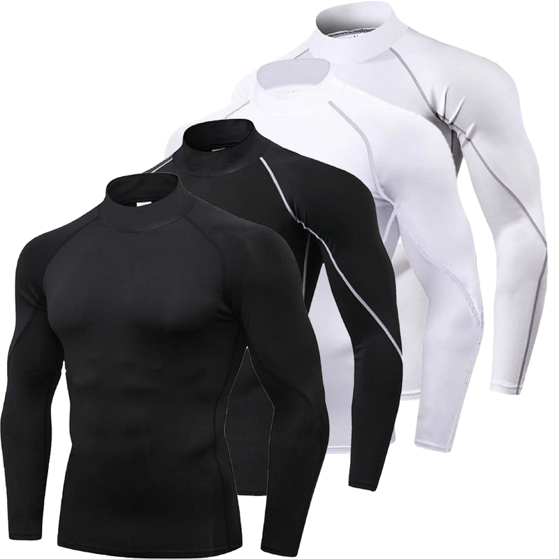 Herren-Trainings-Kompressionsshirt, schnelltrocknend, Lauf-T-Shirt, Rollkragen, langärmelig, Rashguard, Gym-Basisschicht, sportliches Unterhemd_voghion.com
