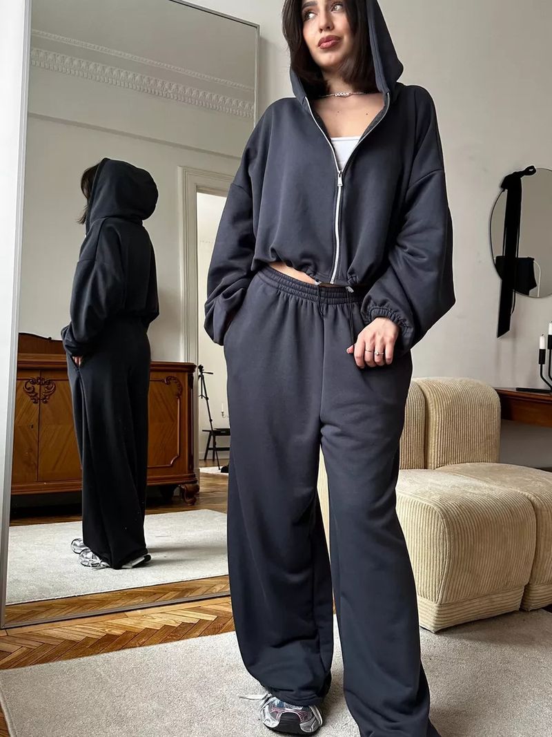 Women's Casual Suit Solid Color Long Sleeved Zipper Cardigan Drawstring Hooded Sweatshirt Sports Elastic Pants Two-piece_voghion.com