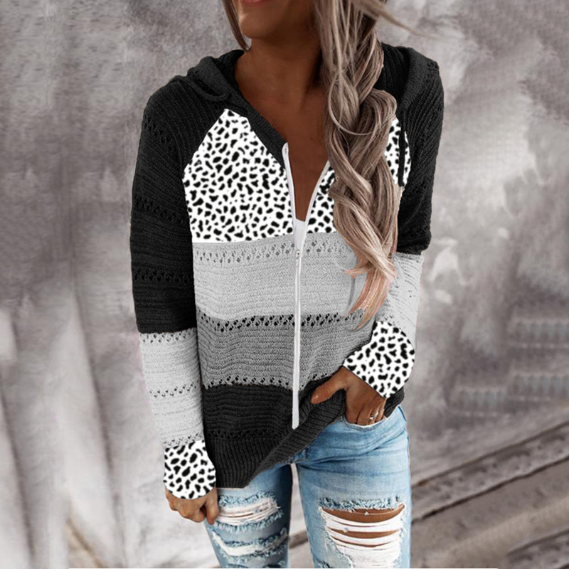 Roupas femininas New Wish Outono e Inverno Listrado Com Capuz Suéter Estampa Leopardo_voghion.com