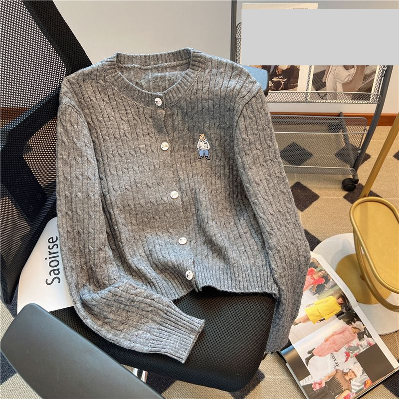 Cardigan lavorato a maglia con scollo tondo e maniche a sbuffo, per donna, autunno, nuovo, ricamato, a maniche lunghe, cappotto corto_voghion.com