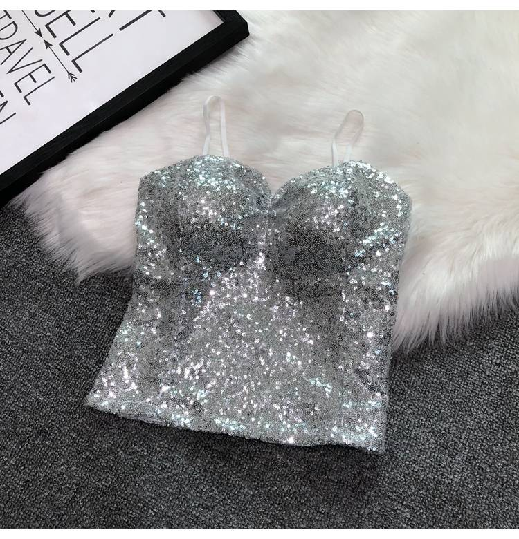 Abbigliamento da donna Cintura sexy Reggiseno imbottito Capispalla Bretelle Paillettes Intimo Corto Top da night club_voghion.com