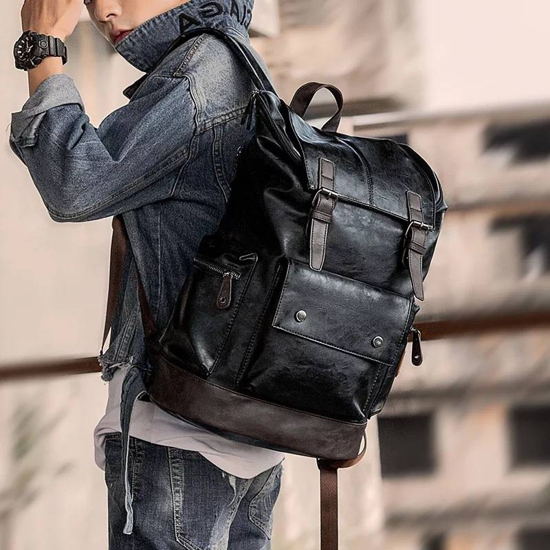 Trendy men's PU leather backpack, simple and large capacity travel backpack, student backpack, computer bag, shoulder bag_voghion.com