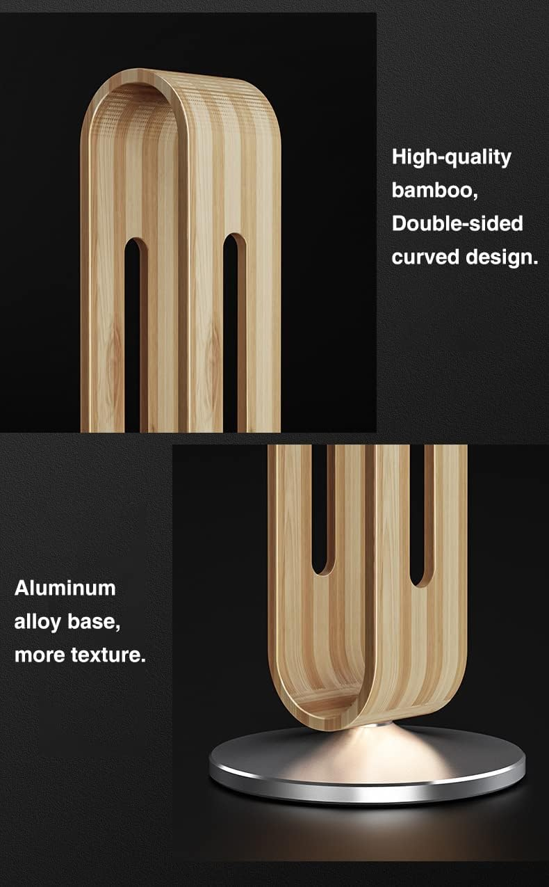 Bamboo Headphones Stand For Desk,U-Shaped Arc Design,Aluminum Alloy Non-Slip Base,Wood Headphones Stand For Desk Compatible For Study/Bedroom/Office_voghion.com
