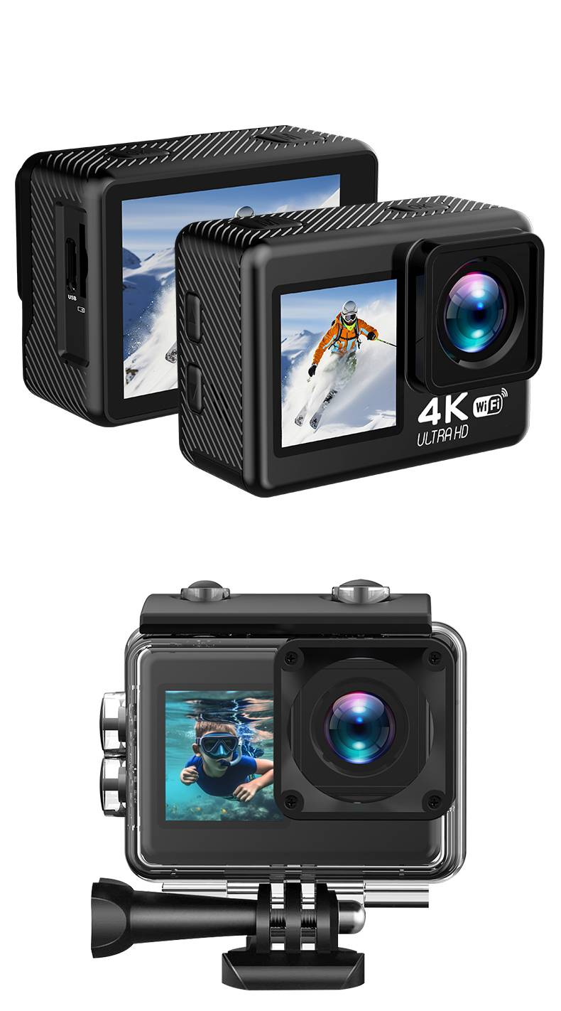 Caméra d'action extérieure haute définition 4K à double écran pour le cyclisme, la plongée, le camping et le selfie, livrée avec une carte mémoire de 64 Go._voghion.com