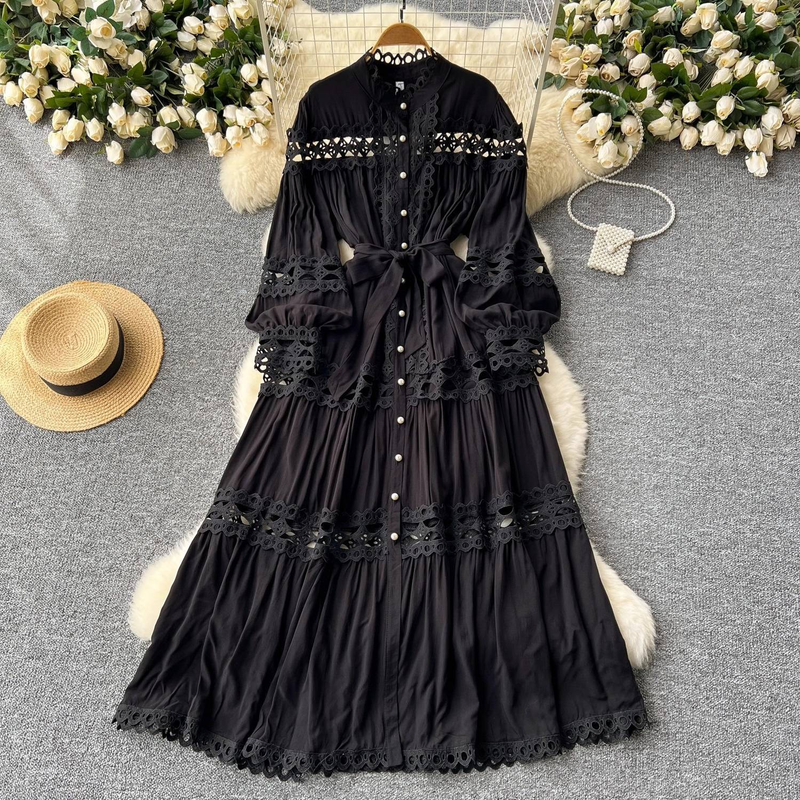Opulent Baroque Lace Dress – High Neck Bell Sleeve Gown With Corset Waist & Dramatic A-Line Skirt (M/L, French Vintage Inspired, Formal Evening Wear)_voghion.com