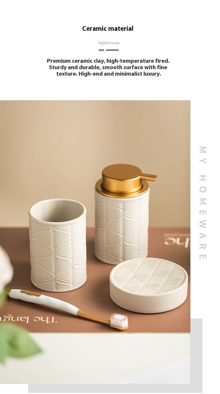 Ceramic Bathroom Set With Leaf Motif – 4-Piece Toothbrush Holder, Soap Dish, Tumbler & Dispenser (Matte Finish, Eco-Chic Design For Home & Gifting)_voghion.com
