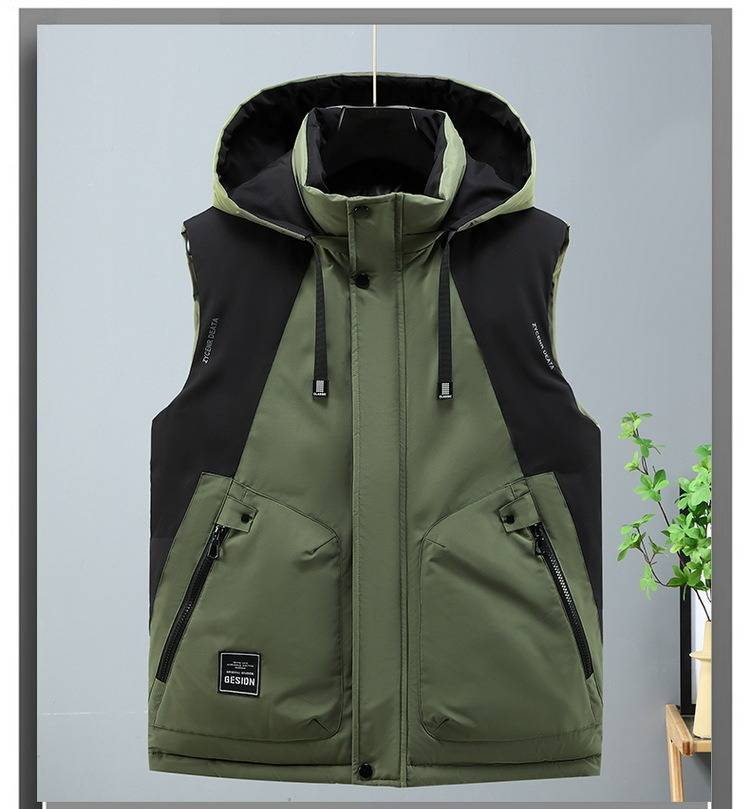 Herren-Steppweste in Übergröße mit Farbblock-Design, dicke ärmellose Winterjacke für die Freizeit (Schwarz, Militärgrün, Beige)_voghion.com