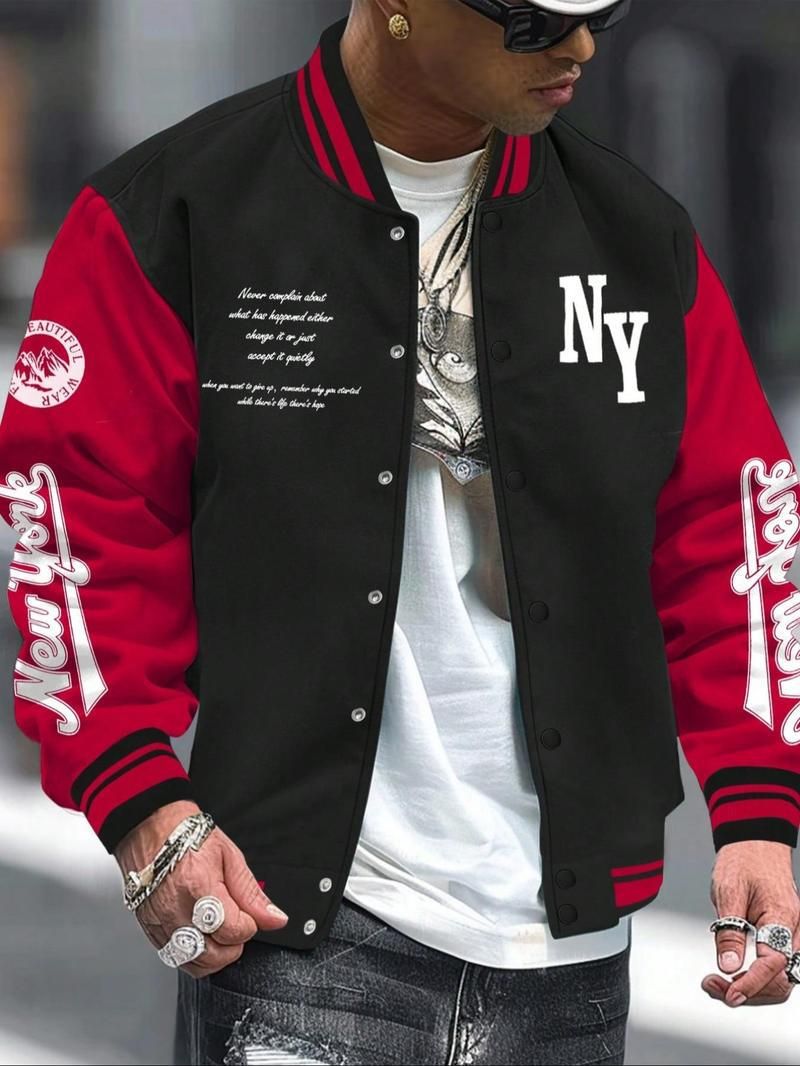 Men's Letter Print Baseball Jacket – Oversized Varsity Bomber With Stand Collar (XS-3XL, 8 Colors, 100% Polyester, Punk Streetwear)_voghion.com