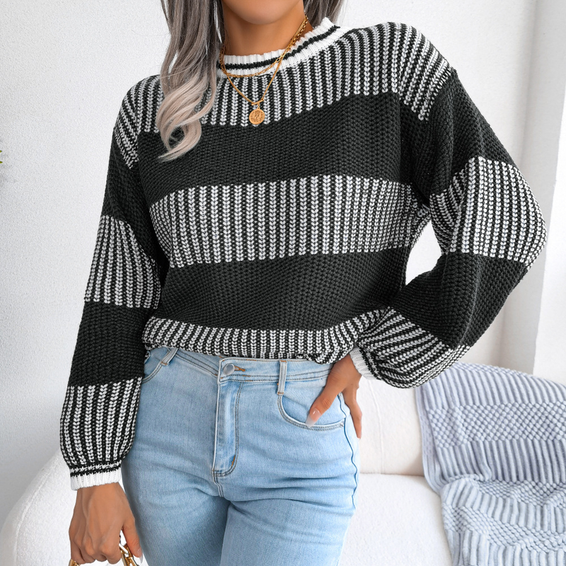 Abbigliamento da donna Net rosso stile vero colpo autunno e inverno casual contrasto di colore a righe maglione lavorato a maglia a maniche lunghe abbigliamento da donna_voghion.com