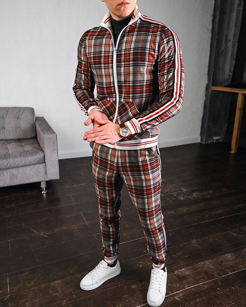 European and American striped sports casual suit men's large size slim sports trousers jacket two-piece set spring and autumn_voghion.com