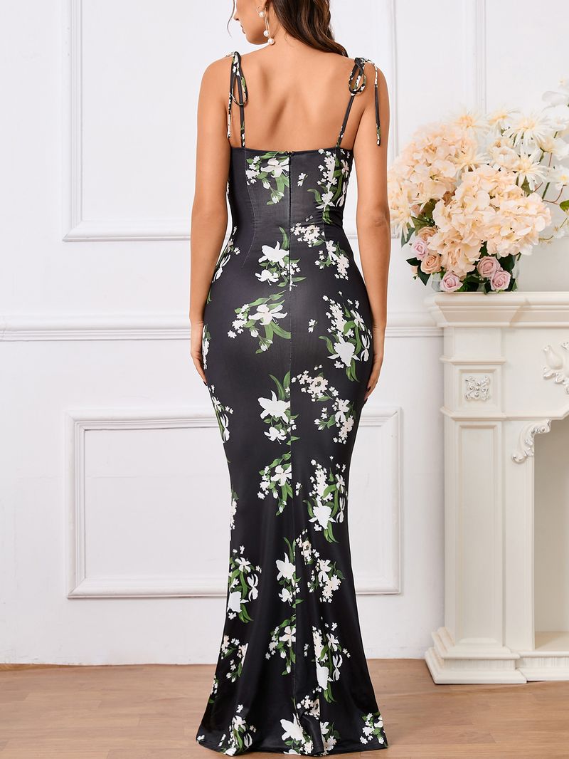 Women's Clothing Floral Pleated Backless Lace Up Suspender Long Skirt Hip Wrapped Fishtail Skirt European Size Is Larger_voghion.com