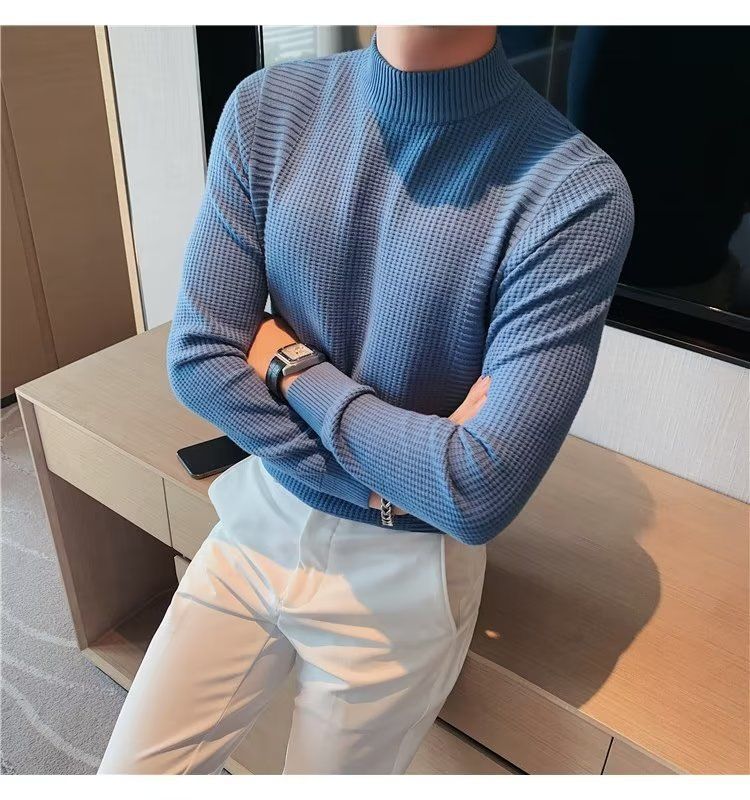 Herrenbekleidung Herren-Basispullover Frühling und Herbst neuer Slim Fit-Pullover mit mittlerem Halsausschnitt im koreanischen Stil mit halbhohem Kragen_voghion.com