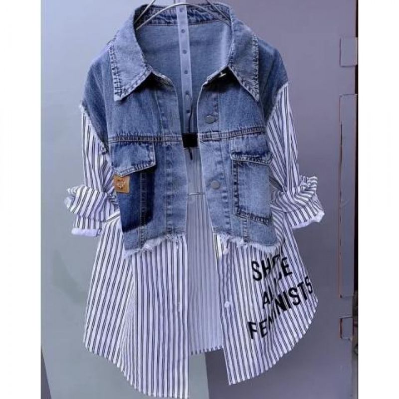 Modisches zweifarbiges Jeanshemd für Damen – Stylischer Lagenlook mit gestreiftem & weißem Kontrastdesign – Lässige Langarmbluse fürs Büro_voghion.com