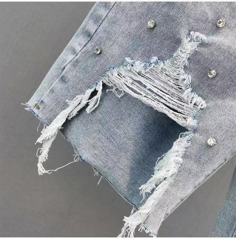 Dameskleding gescheurde denim jeans hoge taille slanke zware losse slanke vijfpunts jeans_voghion.com