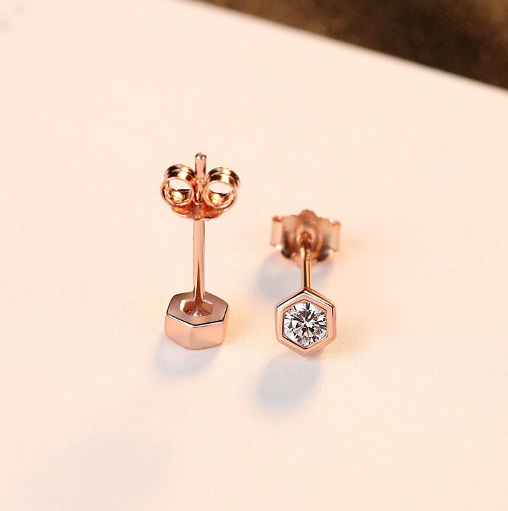 925 Sterling Silver Tiny Earrings Rose Gold Hexagon CZ Ear Stud Women Girl PE39_voghion.com