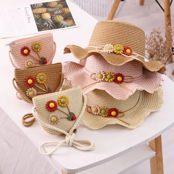2Pcs Girls Sunflower Summer Wide Brim Hat Casual Toddler Baby Girls Straw Hat with Shoulder Bag Sun Beach Travel Sunshade Caps_voghion.com