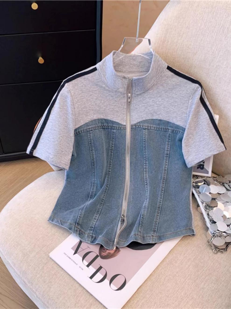 Novo conjunto feminino de duas peças com zíper e gola alta em cores contrastantes, calças largas, conjunto esportivo de duas peças para emagrecimento de alta qualidade_voghion.com