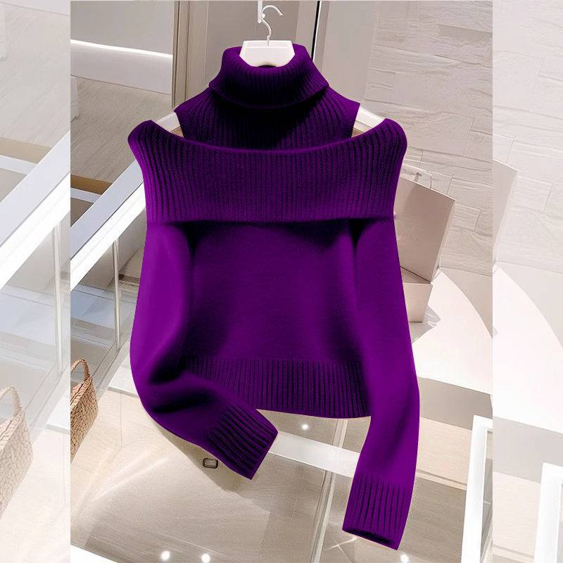 Roupas femininas Outono e inverno macio e de alta qualidade vinho tinto duas peças malha tops gola alta ombro a ombro suéter_voghion.com