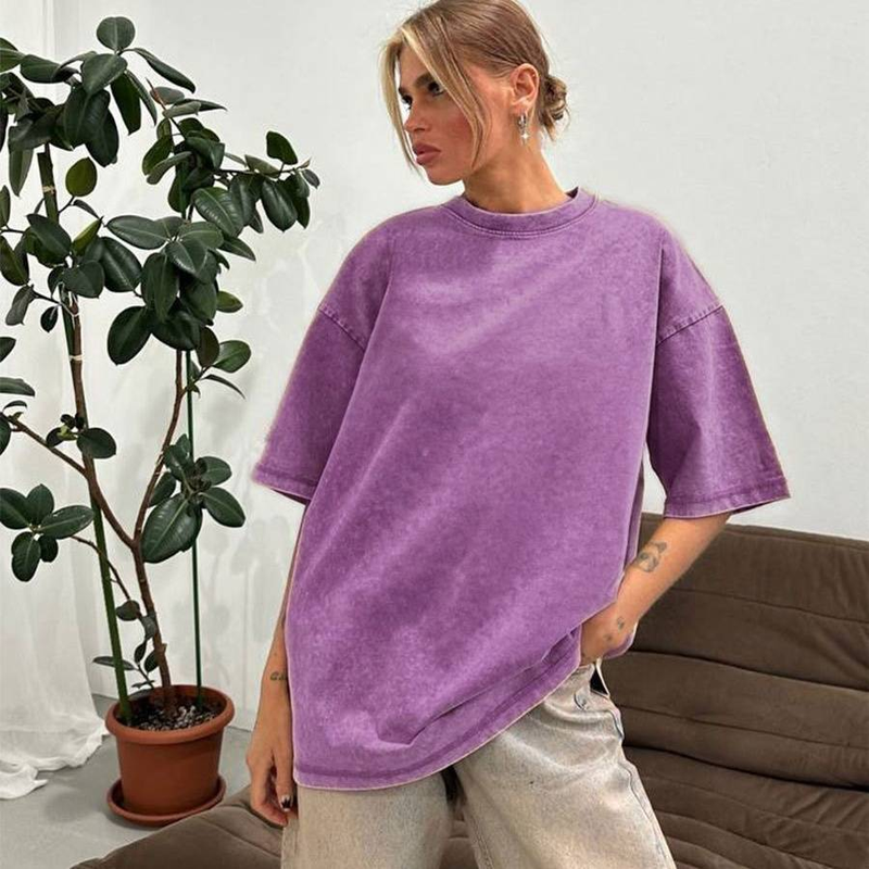 T-shirt ample en pur coton pour femme, style minimaliste, délavé, style ancien, haut d'été coloré à manches courtes en coton 260 g_voghion.com