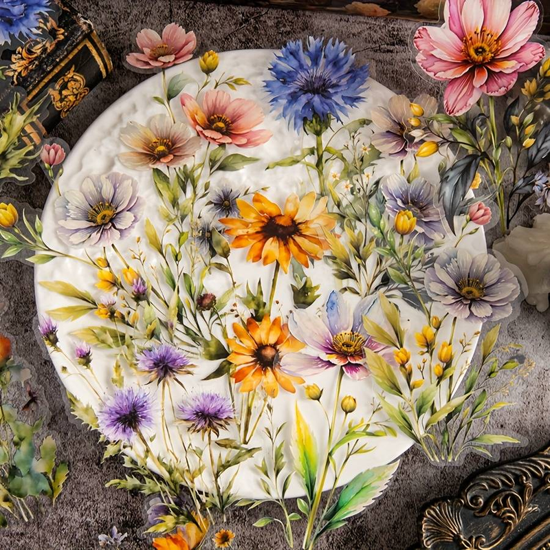 1 Piece Of 20 Large Size Watercolor Flower Pattern PET Decoration Manual Material Stickers_voghion.com