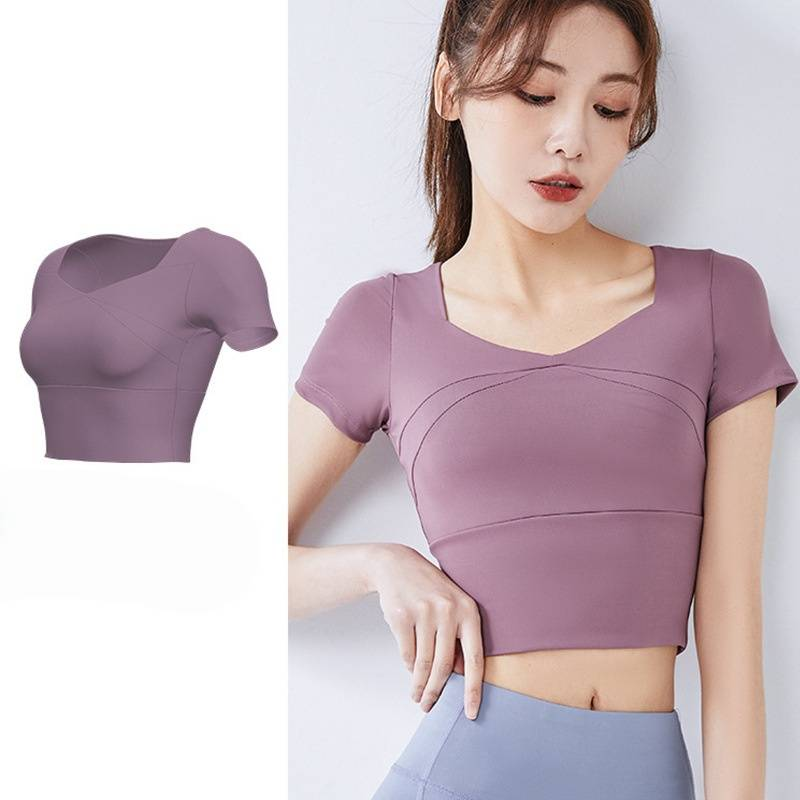 Haut de yoga court avec bande élastique et coussinet de poitrine, compressif, doux comme du beurre, manches courtes_voghion.com