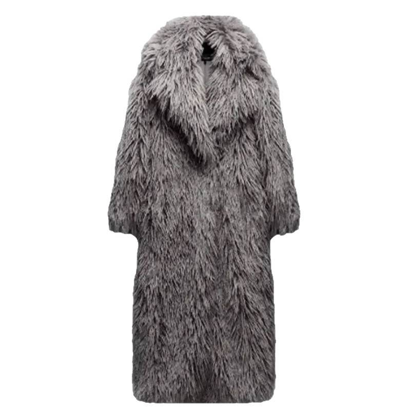 Abrigo largo de felpa para mujer, chaqueta cálida de invierno de piel sintética gris, elegante prenda exterior para ocasiones sociales de otoño e invierno._voghion.com