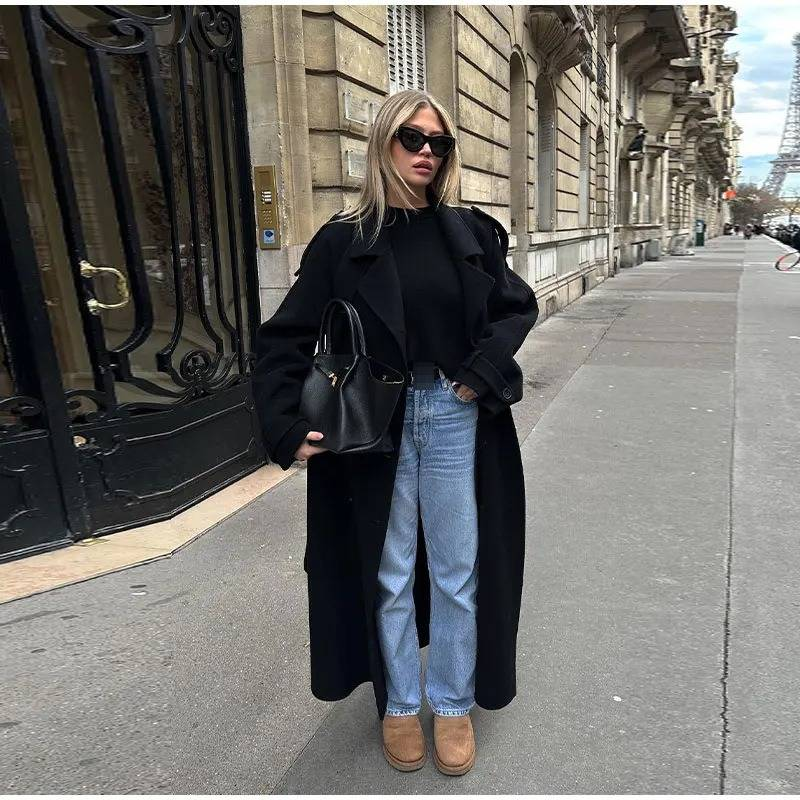 Women's Long Trench Coat - Spring Elegant Double-Breasted Lapel Jacket, Loose Fit Polyester Overcoat For Casual & Office, Beige/Black/Navy_voghion.com