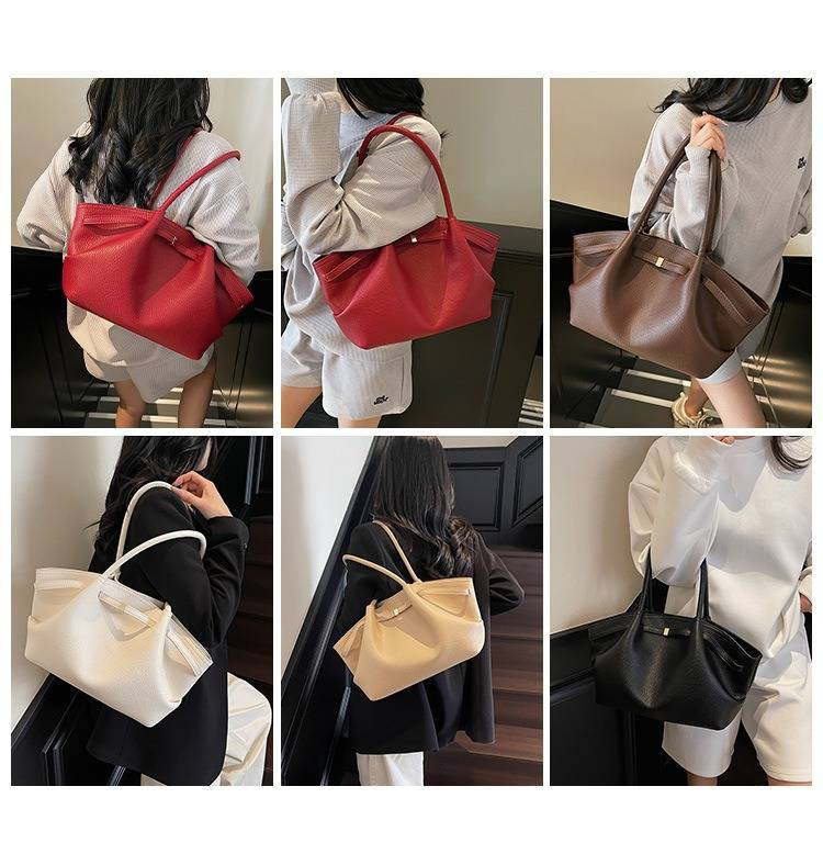 Women's Large Capacity Vintage Shoulder Bag - Stylish Folded Tote For Work & Daily Use, PU Leather With Zipper Closure, Black/White/Red/Brown/Khaki_voghion.com
