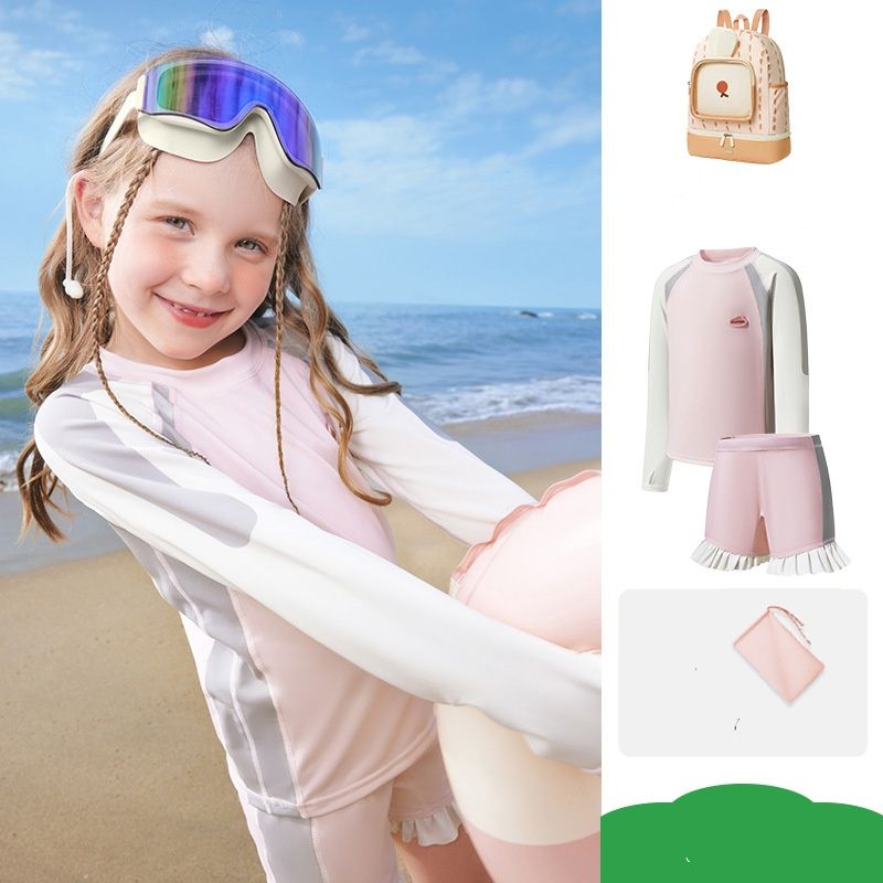 Kids Long Sleeve Rash Guard Swim Set – UPF 50+ Sun Protection With Quick-Dry Fabric (Sky Blue, Shell Pink, Lavender, Cream) |_voghion.com