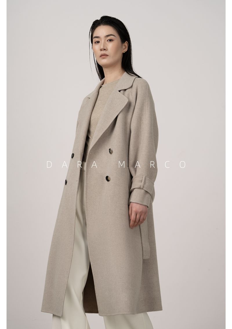 Trench double-face di lusso in misto cashmere e seta per donna – Elegante design con spalle scese, cappotto lungo aderente con drappeggio lusinghiero_voghion.com